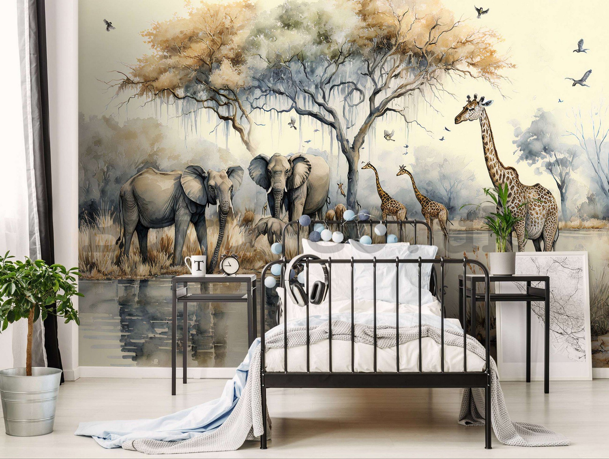 Wall mural vlies: Wild animals at the watering hole - 254x184 cm