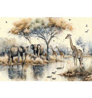 Wall mural vlies: Wild animals at the watering hole - 254x184 cm