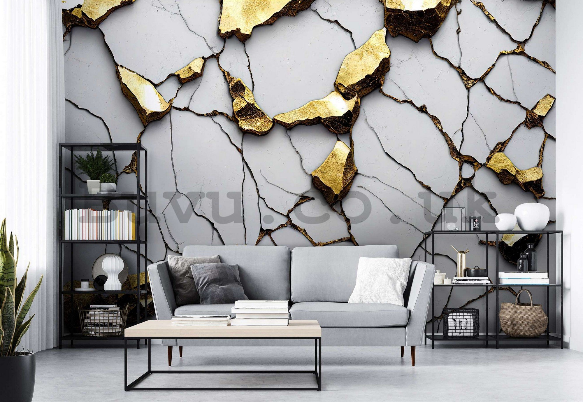 Wall mural vlies: Glamor imitation of golden marble with a white wall - 254x184 cm