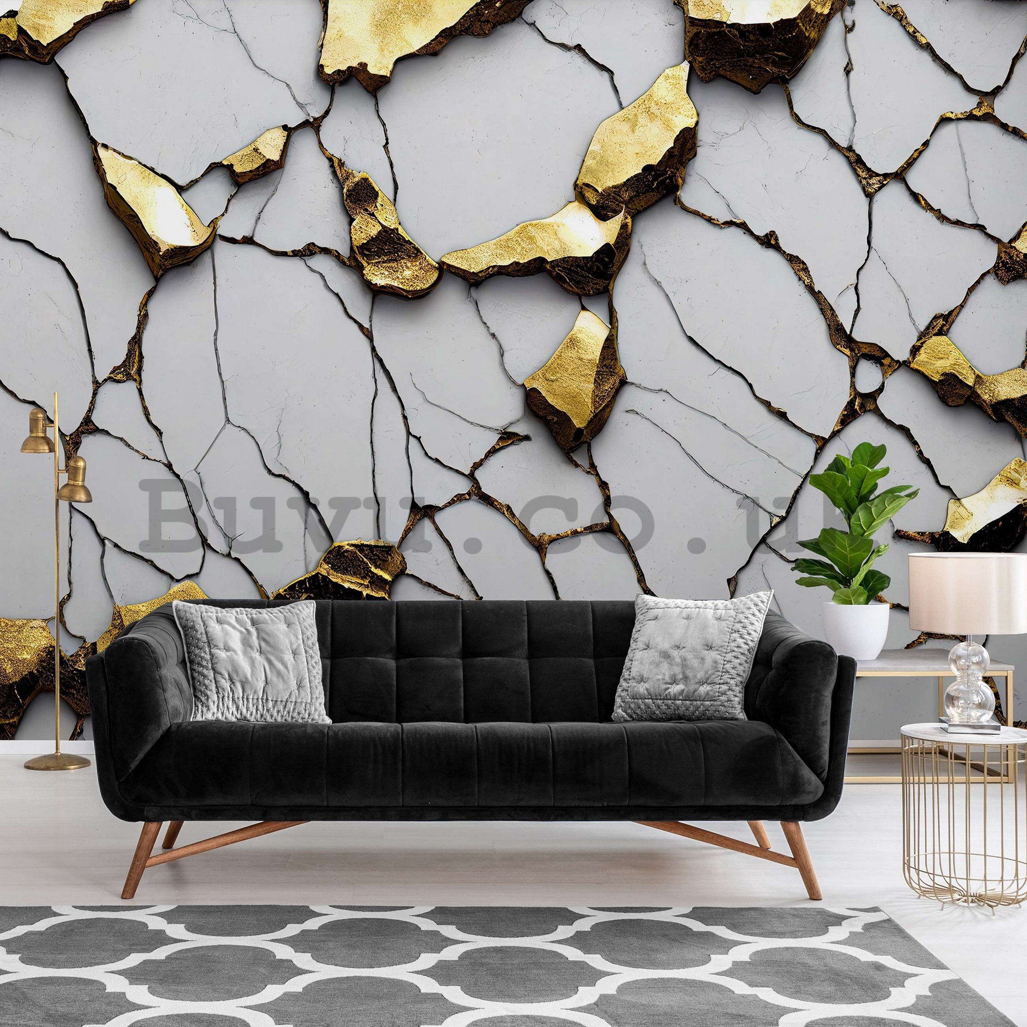 Wall mural vlies: Glamor imitation of golden marble with a white wall - 254x184 cm