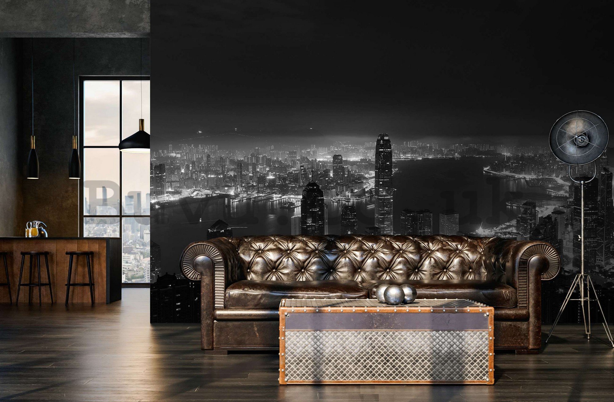 Wall mural vlies: Panorama of a big city (black and white) - 254x184 cm