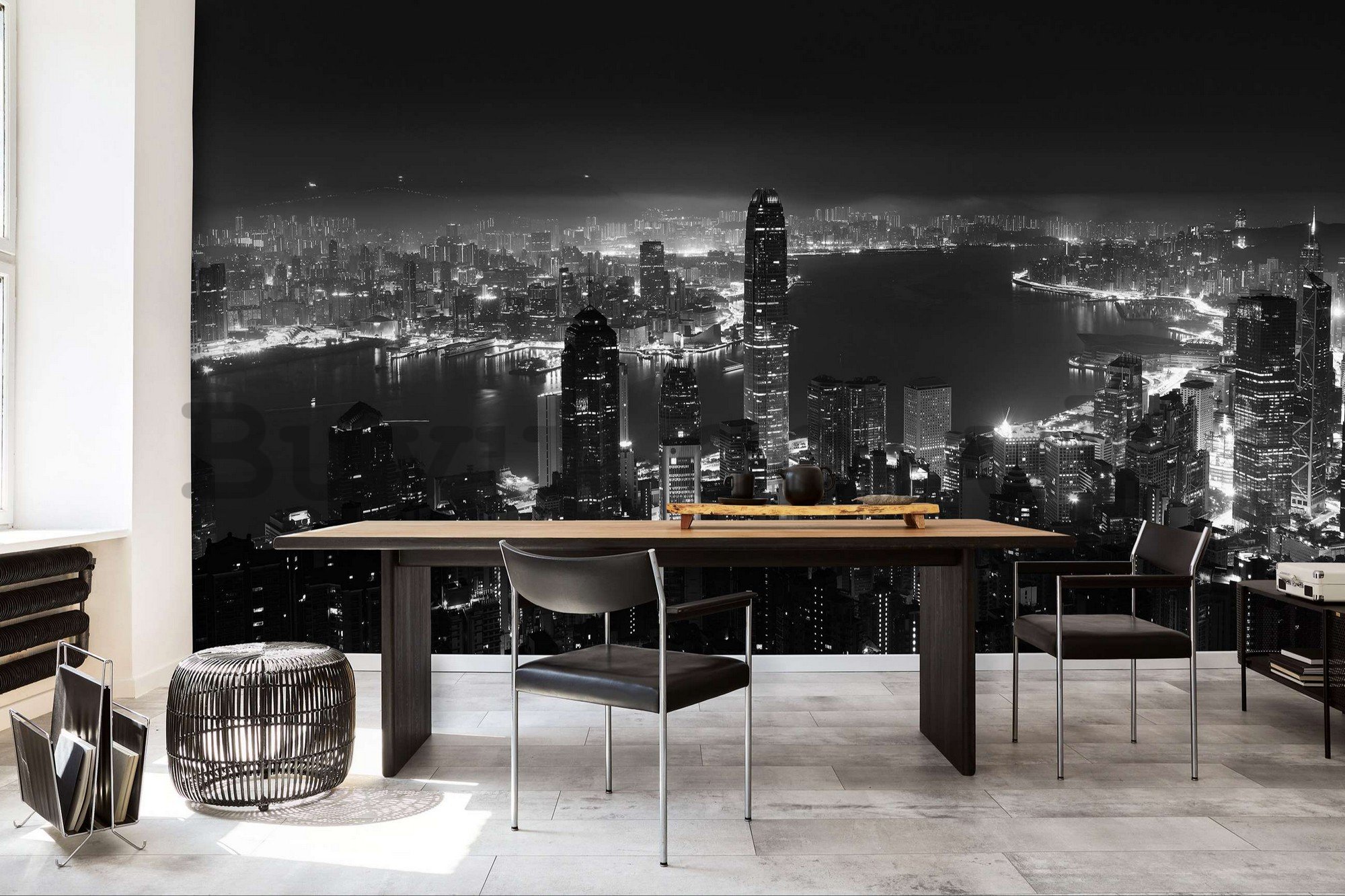Wall mural vlies: Panorama of a big city (black and white) - 254x184 cm