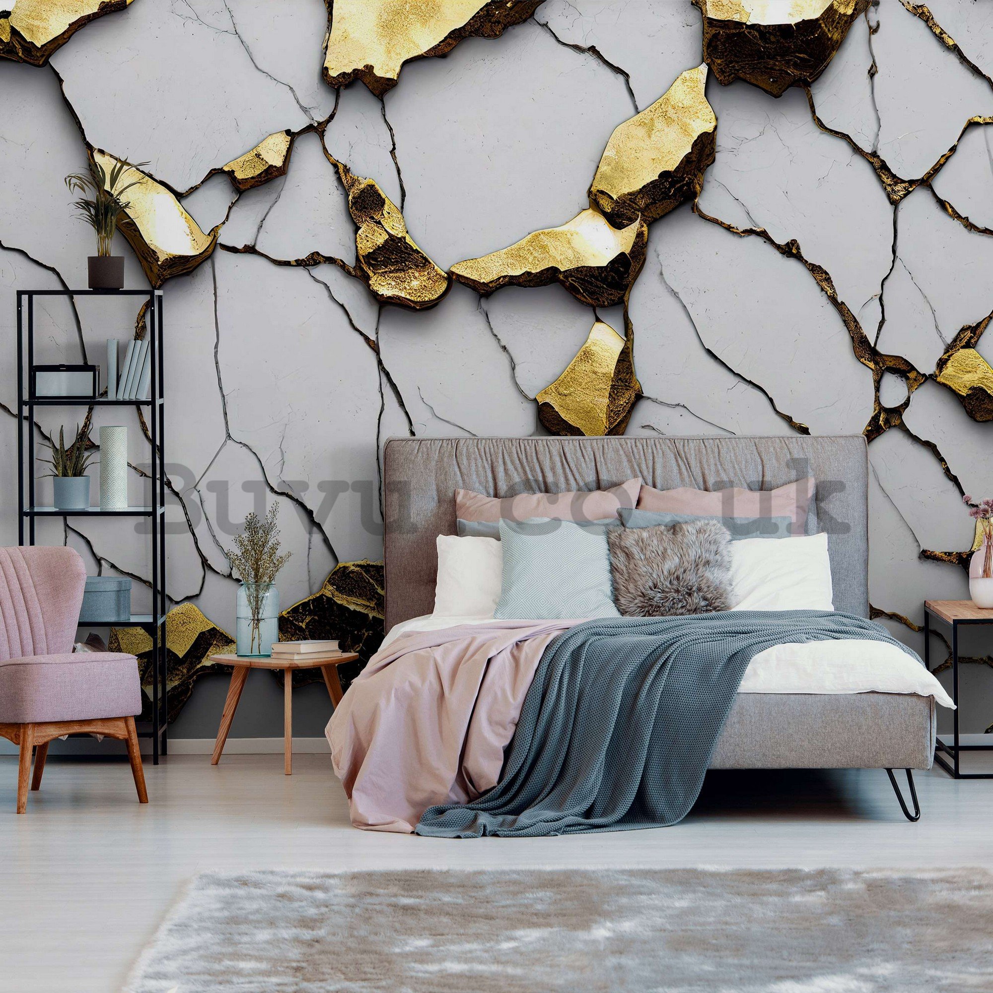 Wall mural vlies: Glamor imitation of golden marble with a white wall - 368x254 cm