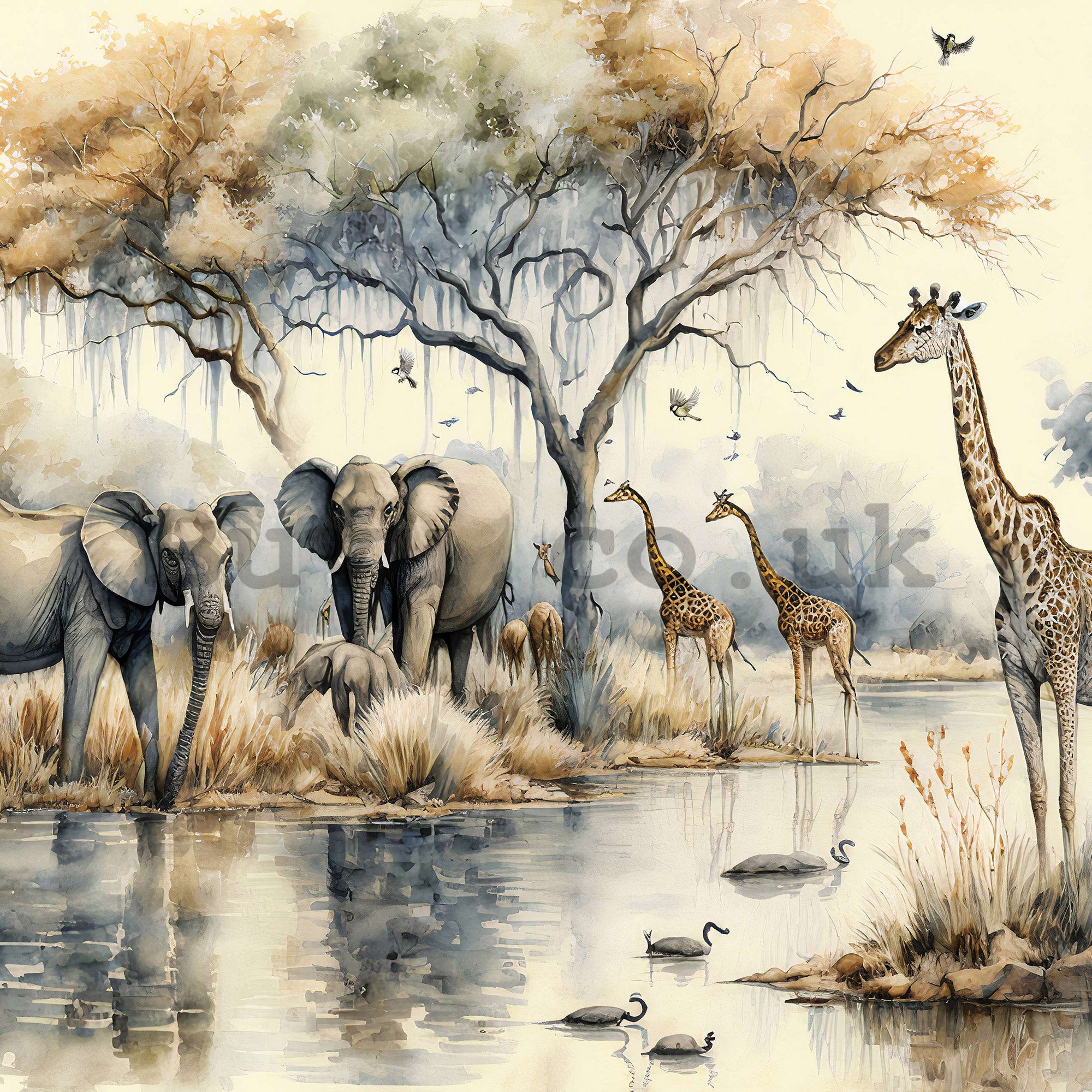 Wall mural vlies: Wild animals at the watering hole - 416x254 cm