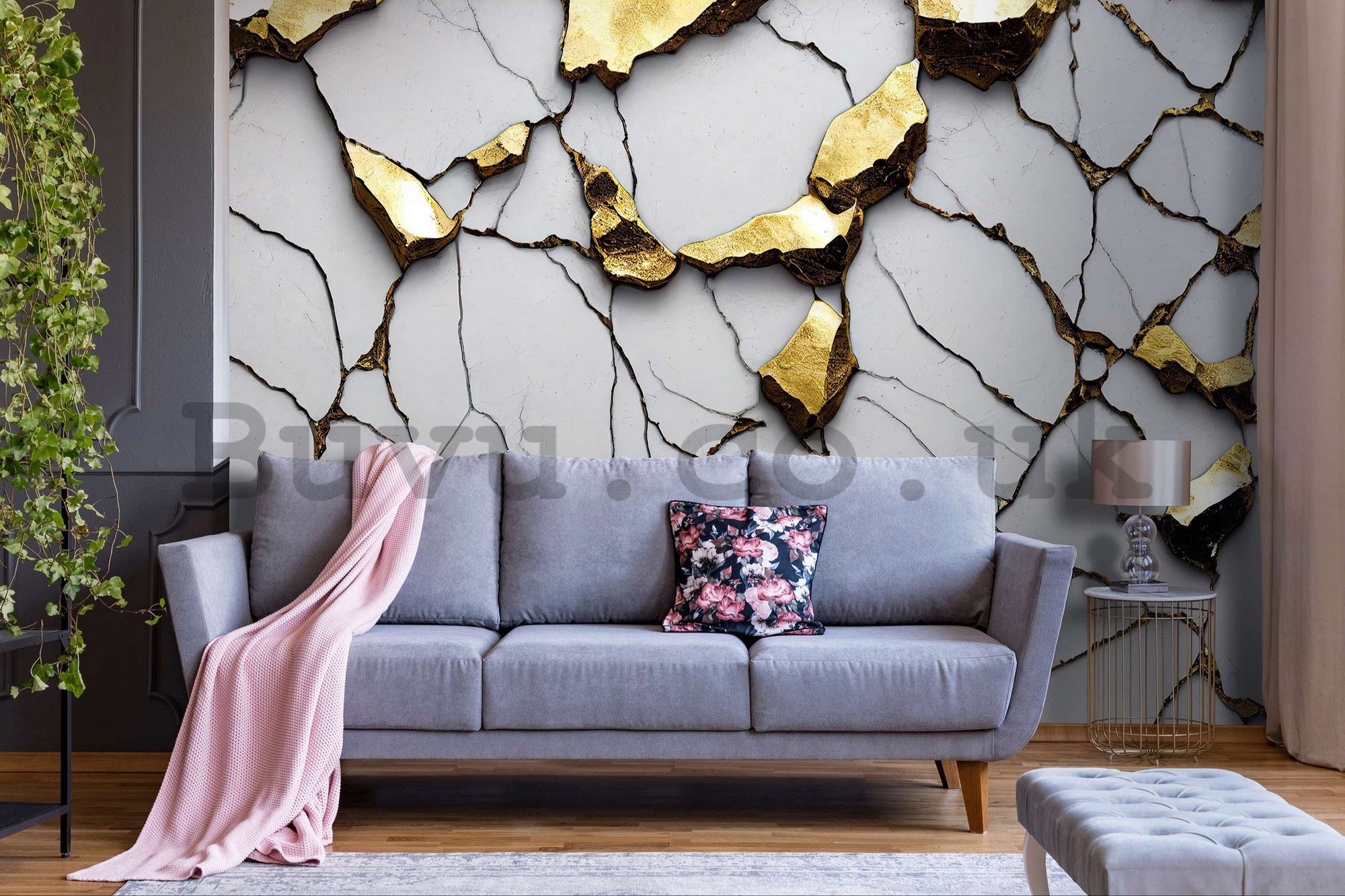 Wall mural vlies: Glamor imitation of golden marble with a white wall - 416x254 cm