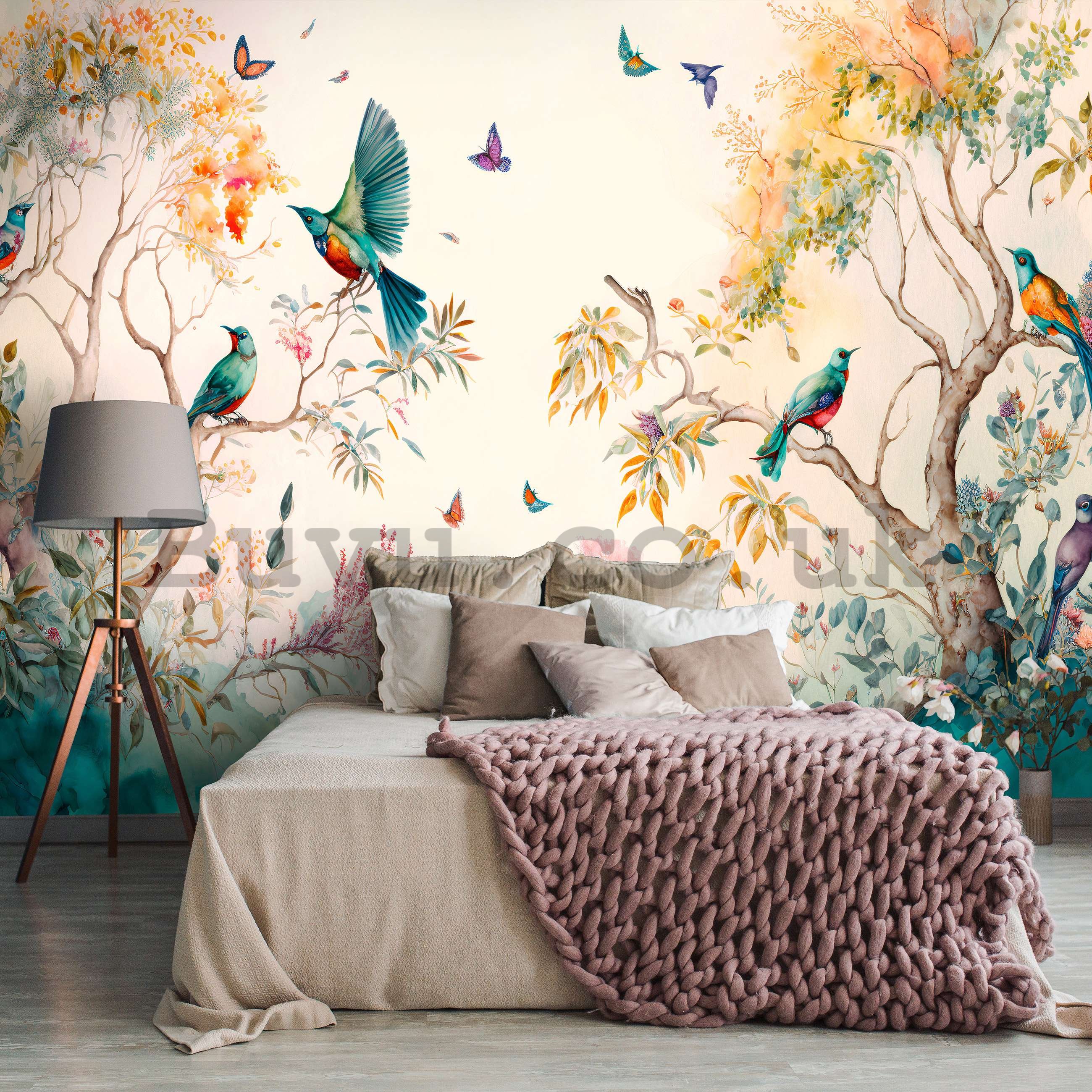 Wall mural vlies: Birds on trees (painted) - 416x254 cm