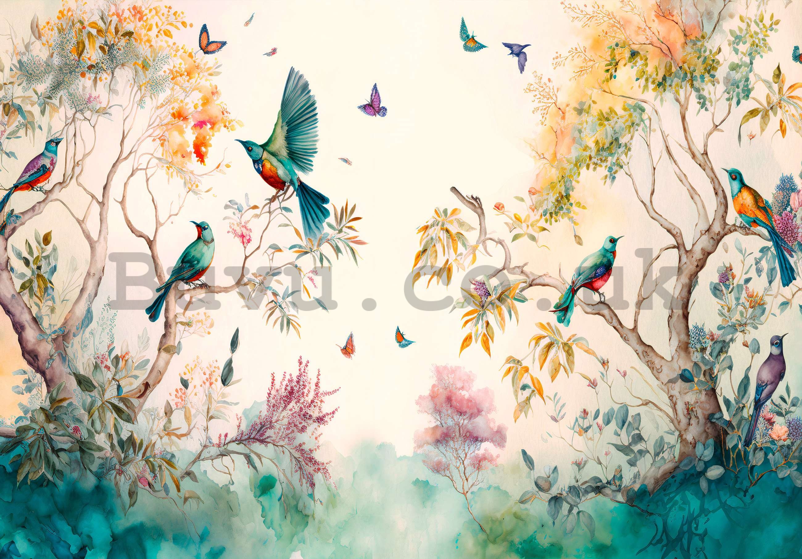 Wall mural vlies: Birds on trees (painted) - 416x254 cm