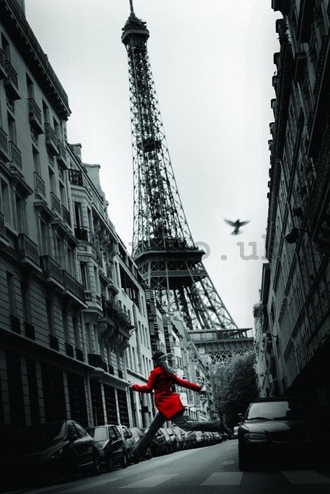 Poster - Paris, Eiffel Tower and girl in red